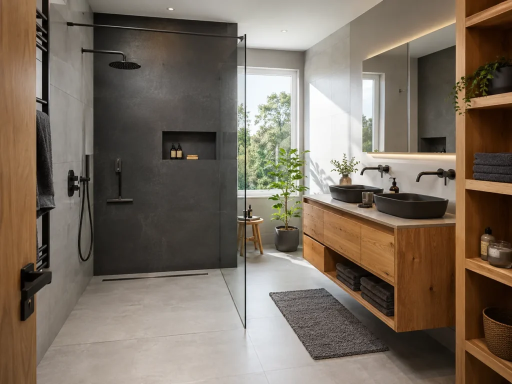 Antrasit ve Ahşap Uyumuyla Modern Banyo Tasarımları
