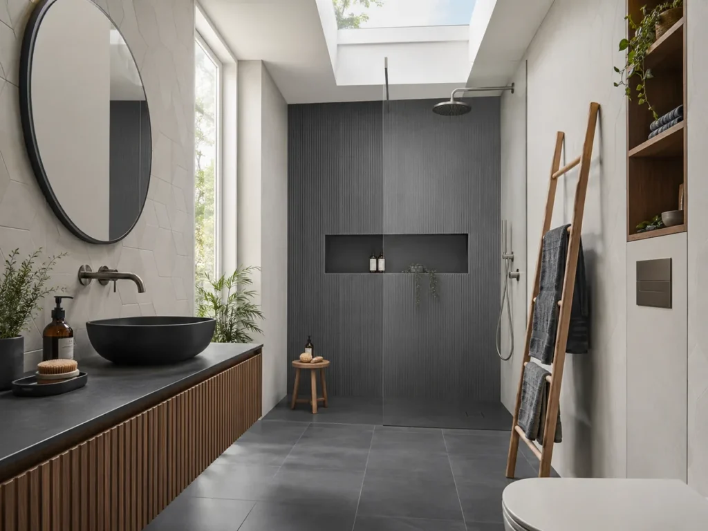 Antrasit ve Ahşap Uyumuyla Modern Banyo Tasarımları