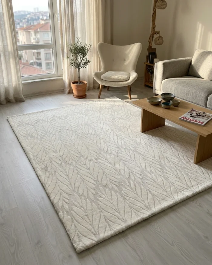 Krem Yaprak Desen Welsoft Deluxe Halı Örtüsü